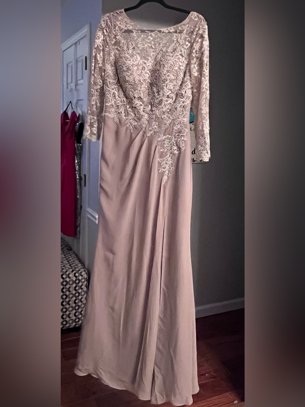 NWT JJ’s House Taupe Lace Embellished Mother of Bride Formal Gown Sz 8